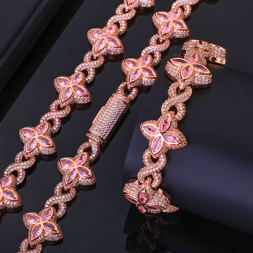 18K Gold Plated Four Leaf Clover Chain 5A Iced CZ Out Hip Hop Jewelry for Men