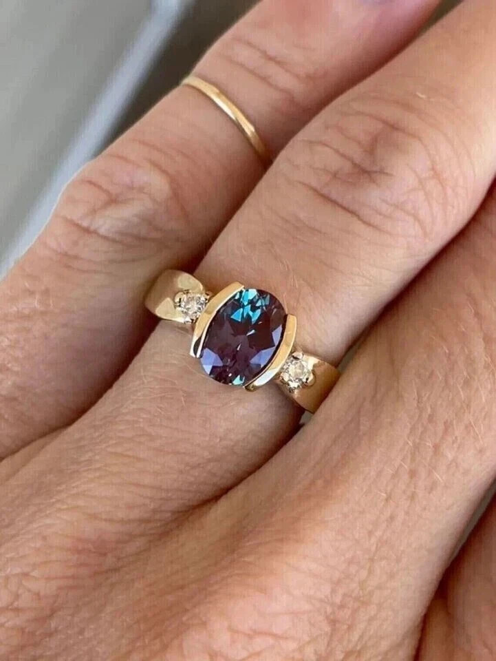 2.85 Ct Oval Cut Natural Alexandrite & Diamond Wedding Ring 14K Yellow Gold