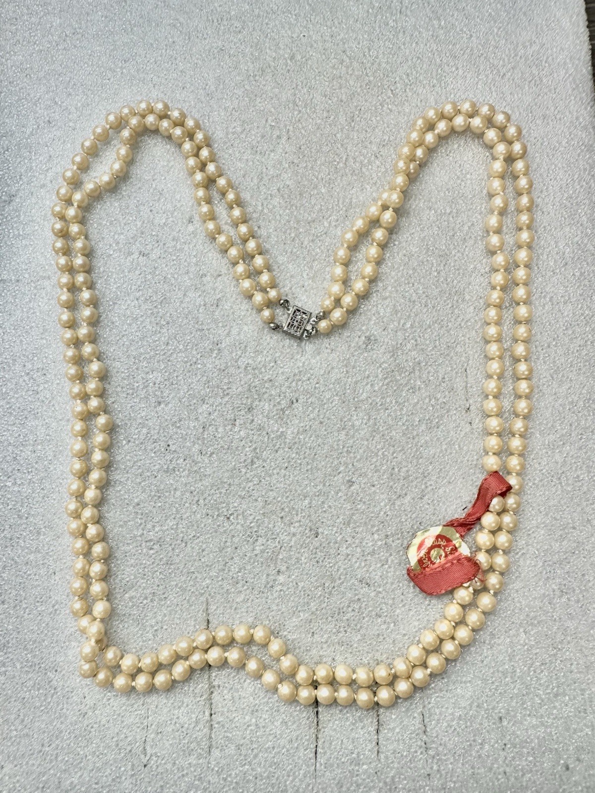 Vtg 925 Sterling Silver Orig Silk Tag Dble Strand 1960 GLASS PEARL 30” Necklace