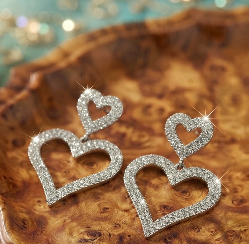 Silver Tone Double Heart Dangle Earrings Rhinestone Pavé Fashion Jewelry