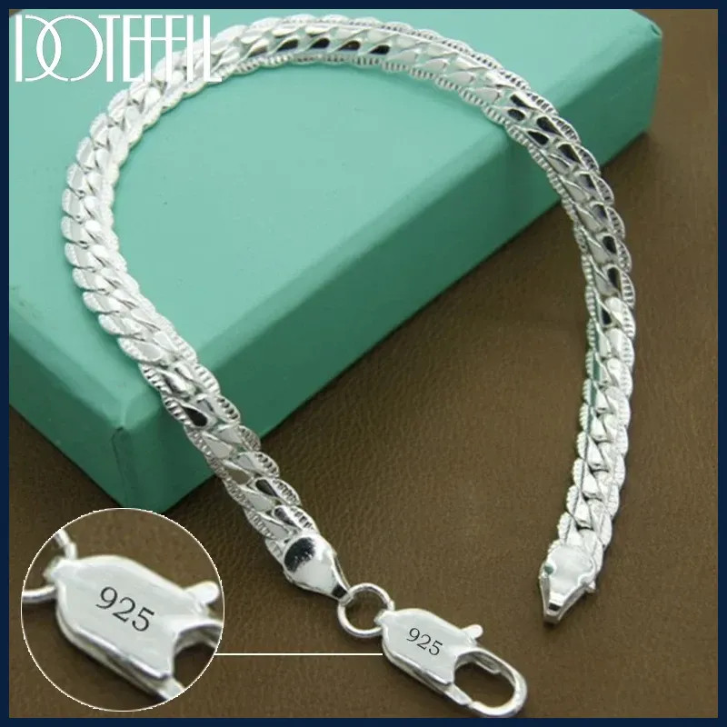 DOTEFFIL 925 Silver Bracelet 6mm 18/19/20cm Flat Side Chain Lobster Clasp