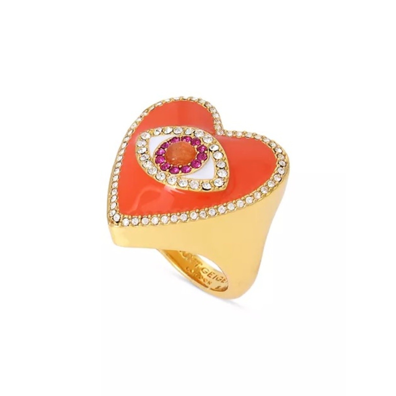 Kurt Geiger Evil Eye Heart Cocktail Ring Orange in Gold Tone Size 7
