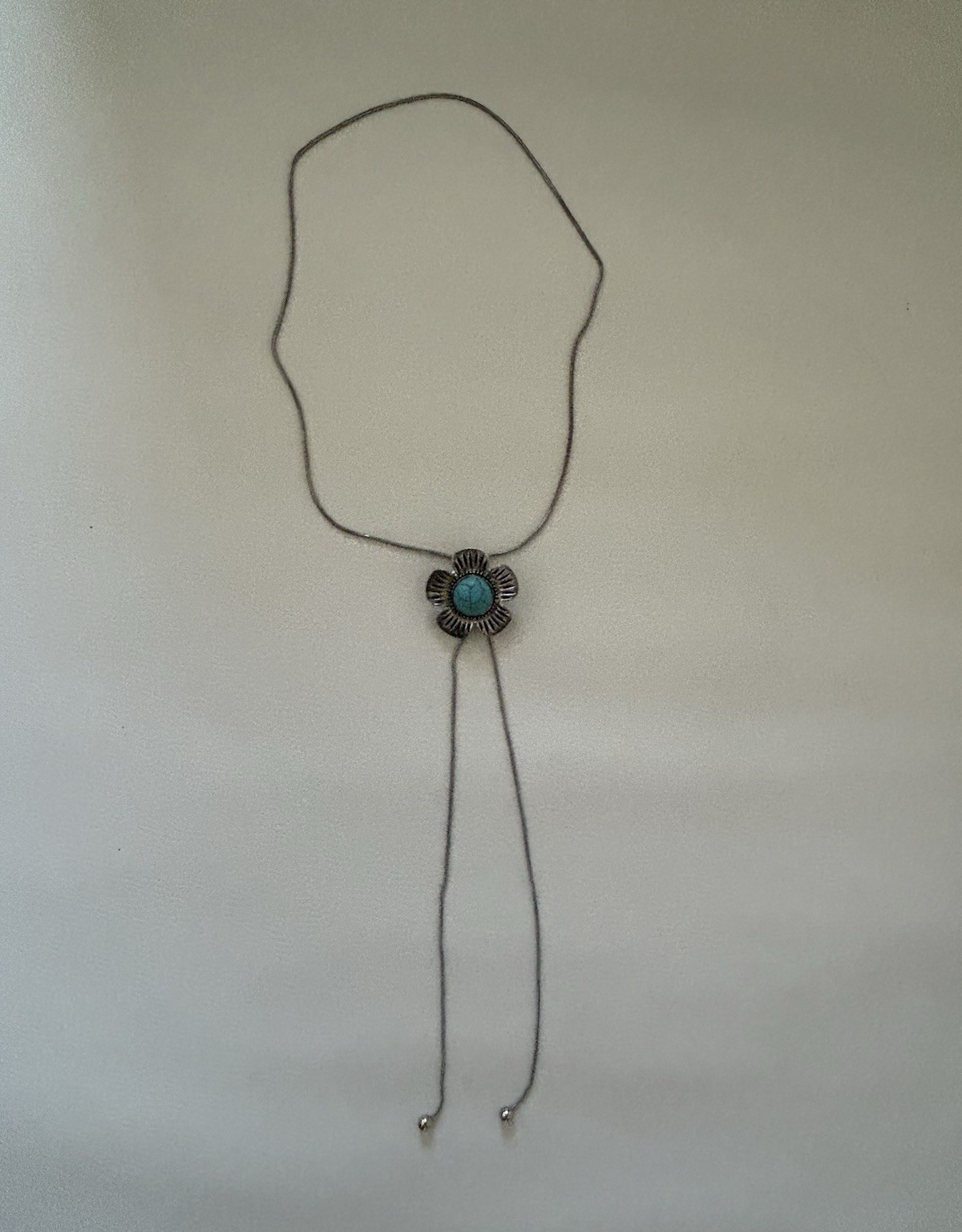 Silver Tone Flower Bolo Tie w/ Blue Round Turquoise Stone, Adjustable, Men’s