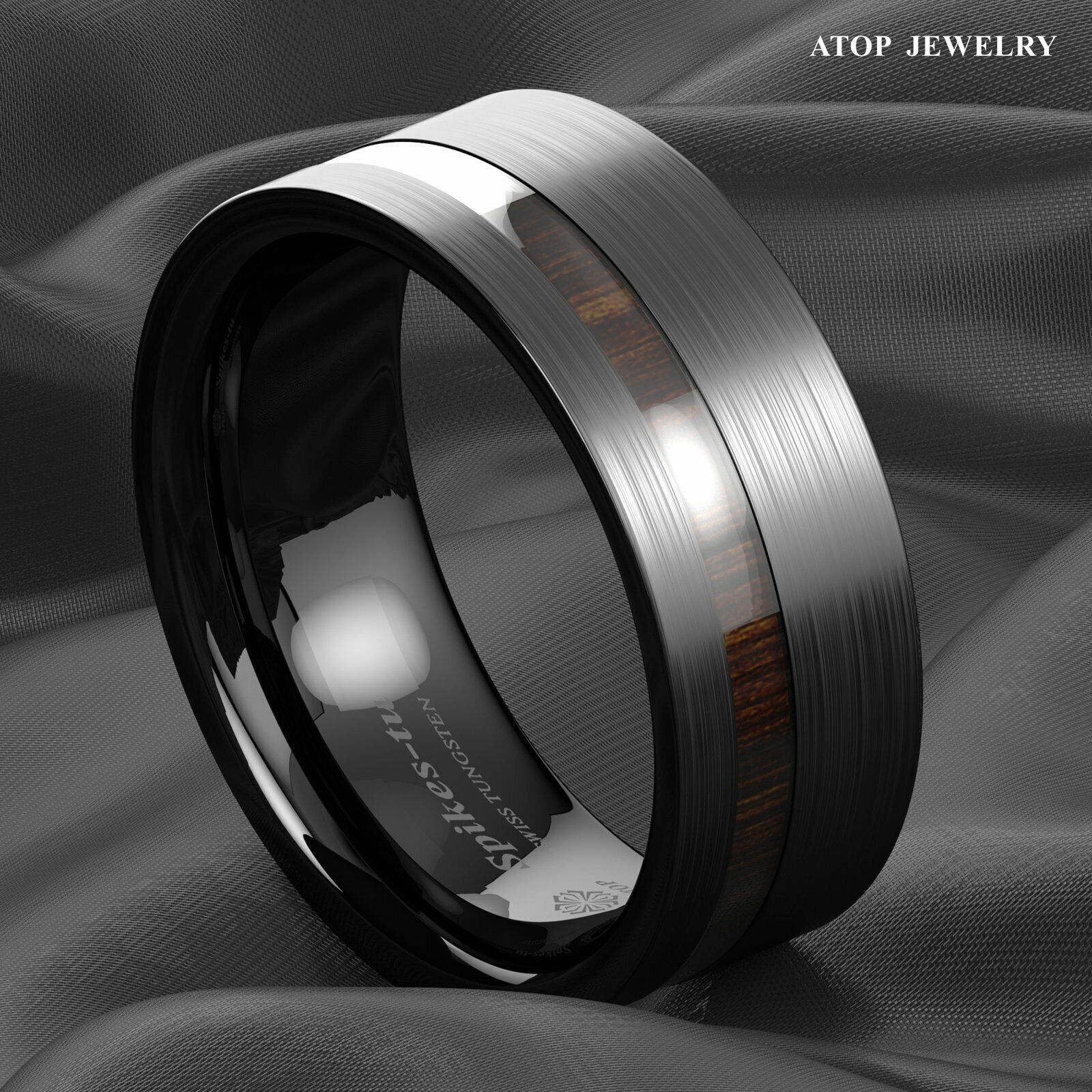 8mm Black/Silver Tungsten Carbide Ring Off Center Koa Wood ATOP Wedding Band