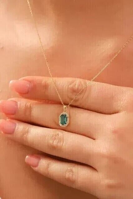 2.00Ct Emerald Cut Simulated Green Emerald Flower Pendant 14K Yellow Gold Plated