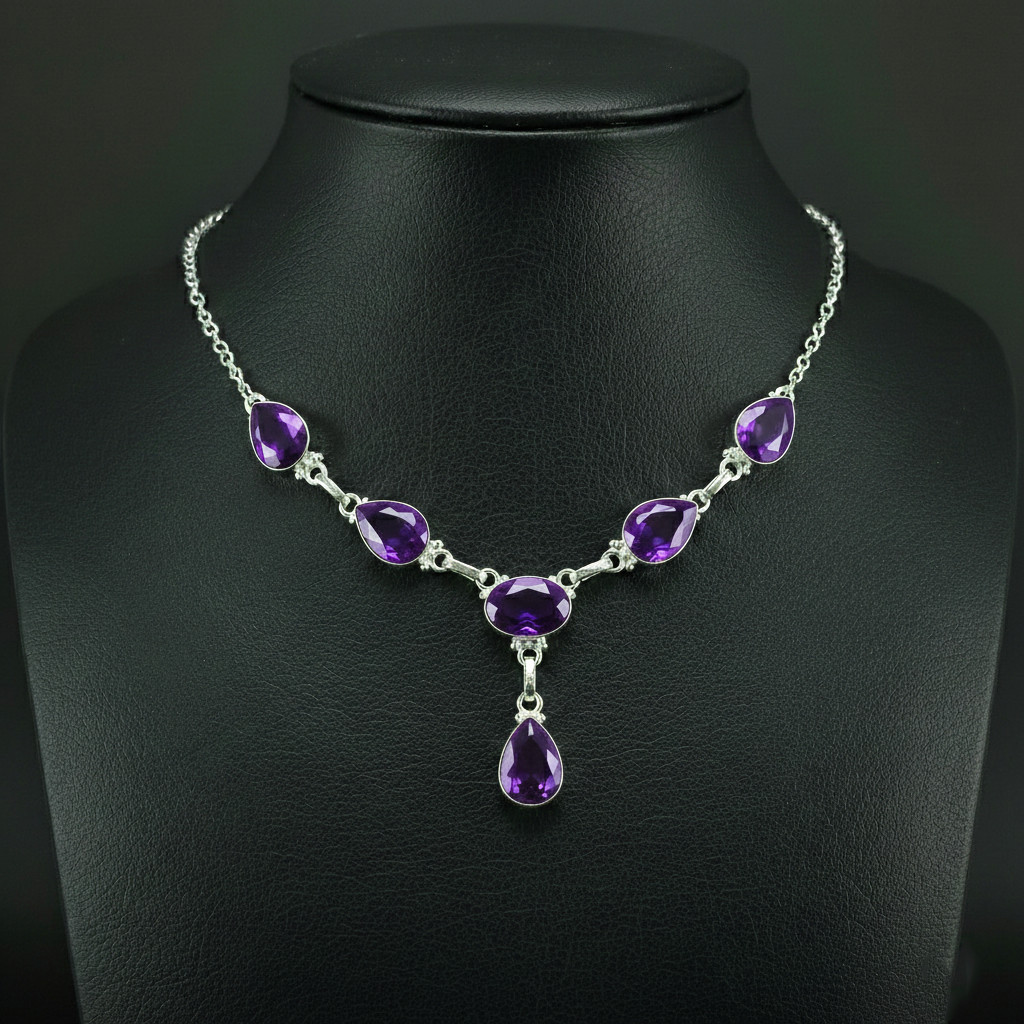 Amethyst Gemstone 925 Sterling Silver handmade Gift Necklace 18″