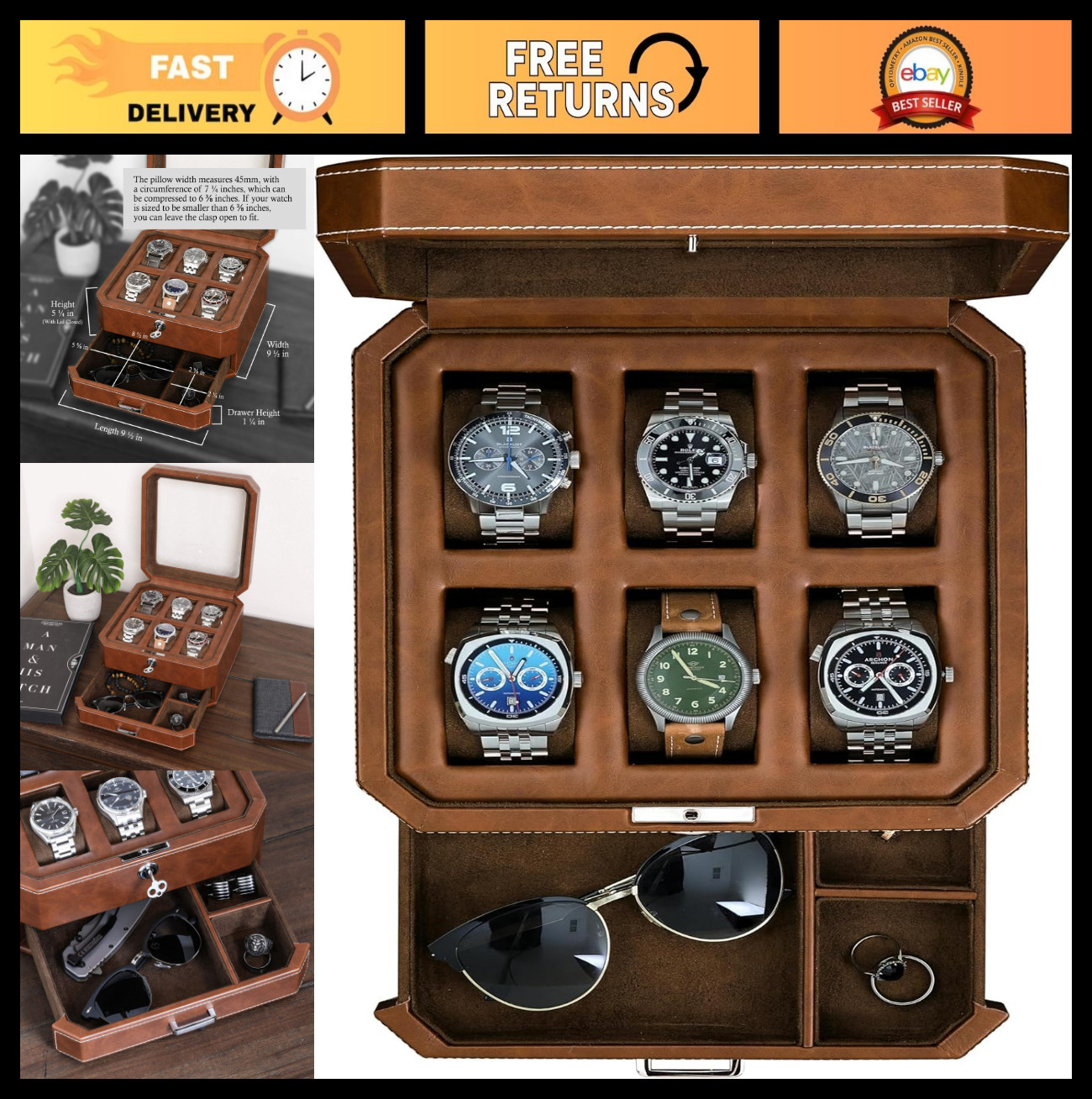 Luxury 6-Slot Leather Watch Box with Valet Drawer – Glass Top Organizer, Locking