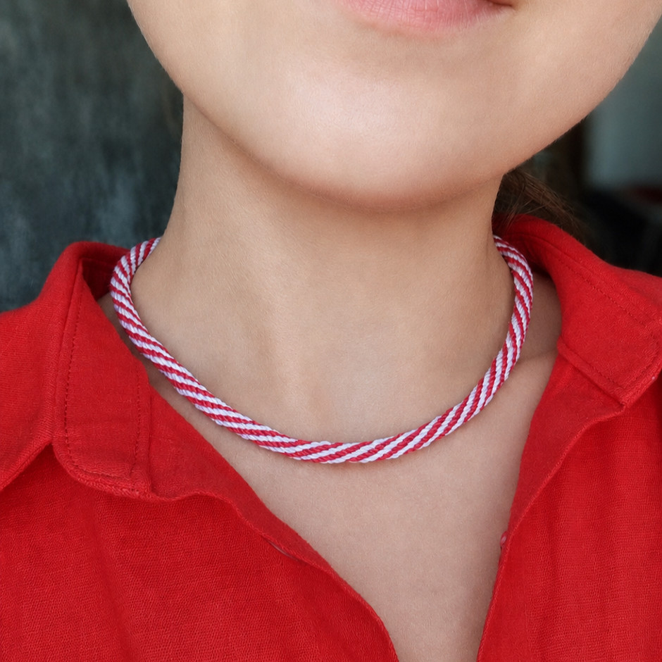 Handmade Braided Kumihimo Cord Necklace Red White Minimalist Jewelry