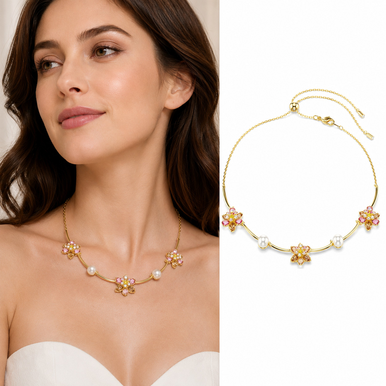 Swarovski Blossom Pearl Crystal Necklace Gold Plated