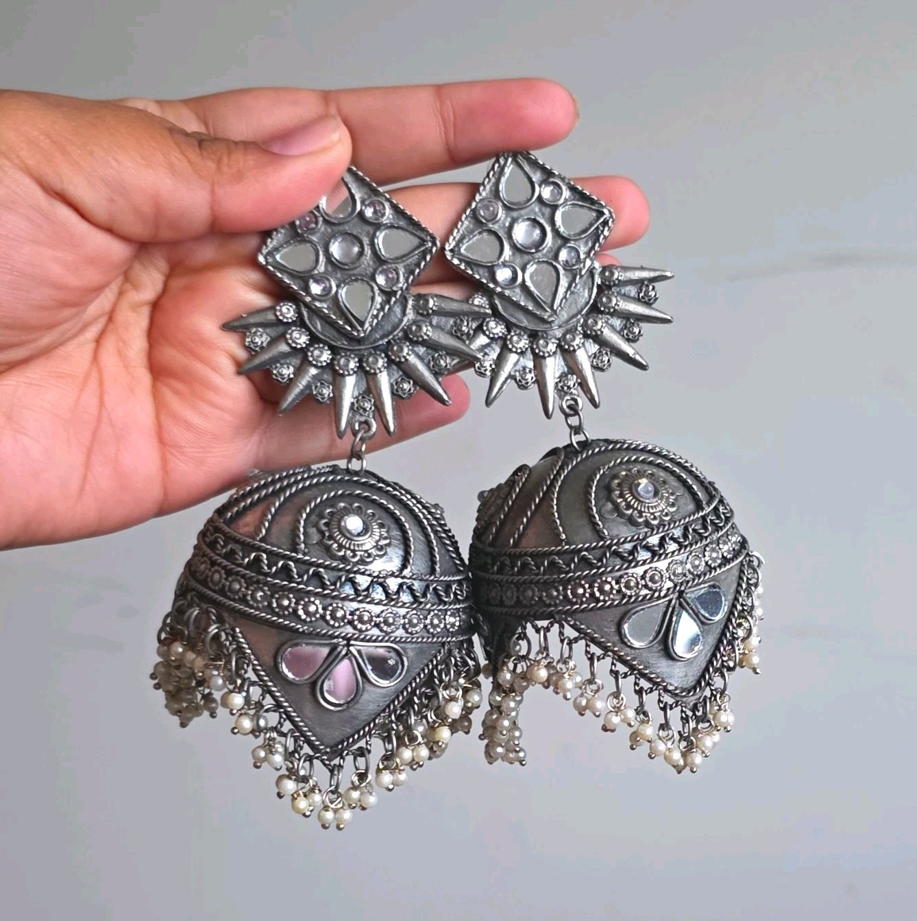 Silver Tone Jhumka Dangle/Drop Metal Earrings Screw Back Closure for Lobe