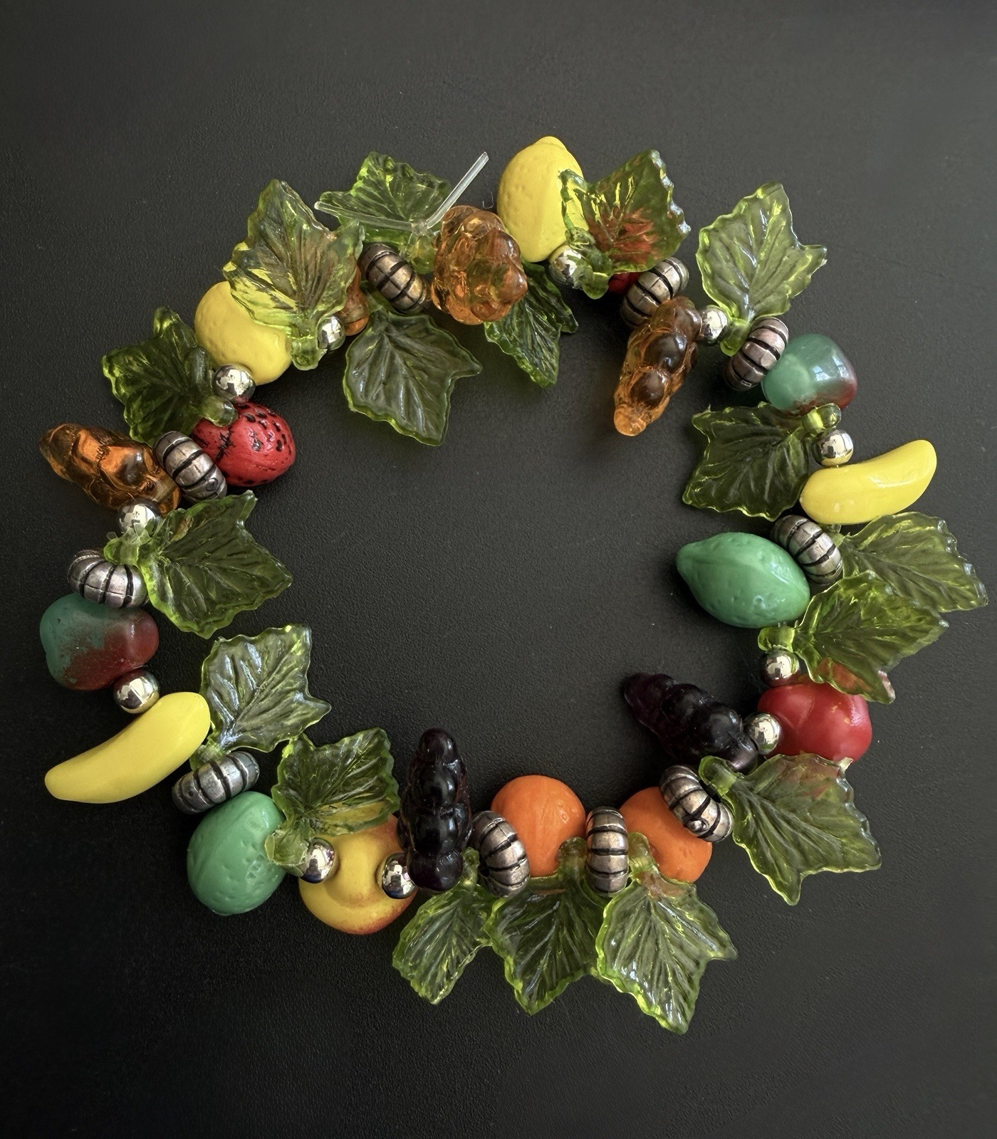 Vintage Plastic Acrylic Resin Fruit Salad Charm Bracelet Colorful Beads Silver