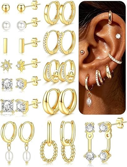 13 Pairs Gold Earrings Set for Women, Hypoallergenic 14K Gold Plated Stud