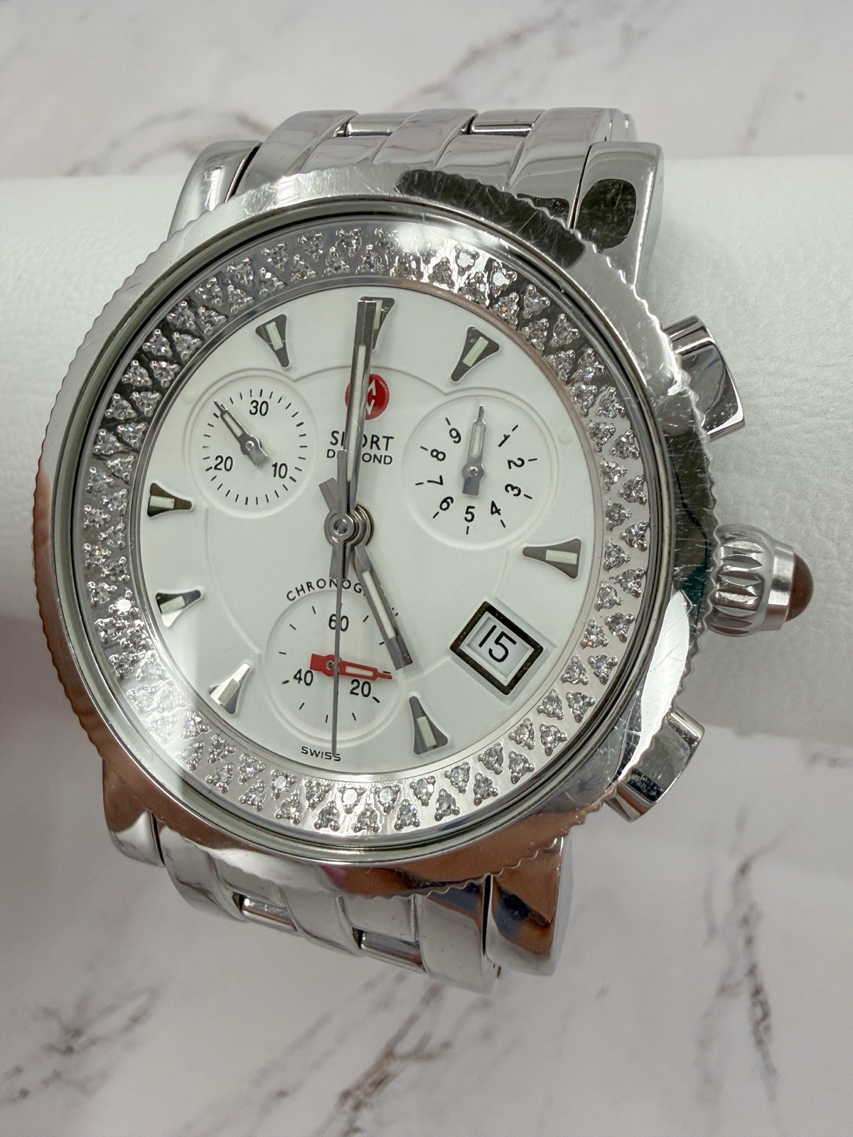 MICHELE Sport Diamond Chronograph Watch 71-5250 Stainless Steel 38mm Tested