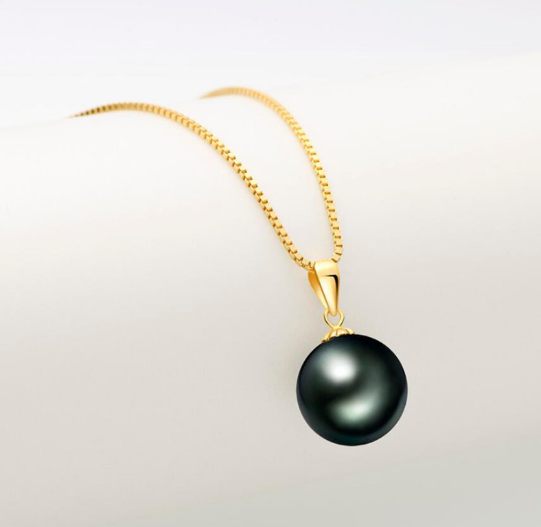 18K Gold Tahitian Black SHELL Pearl Pendant 18″ Necklace Sterling Silver Set Box