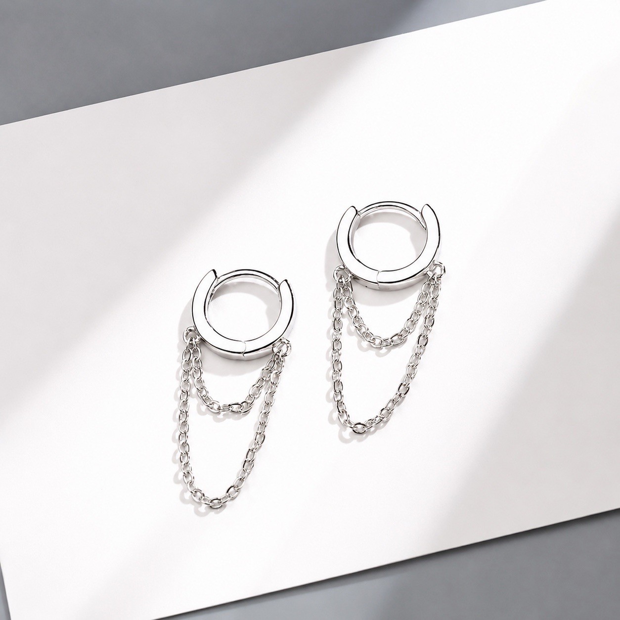 925 Silver Chain Huggie Hoop Earrings Dangle Double Chain Drop Earrings 087