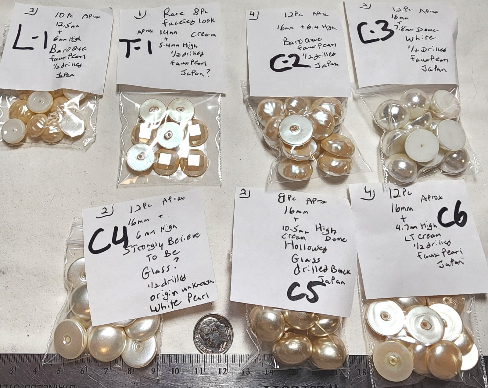 Vtg Japan Flat Rnd Cream White Color Glass Faux Pearl 12, 13, 14, 15, 16mm 5018