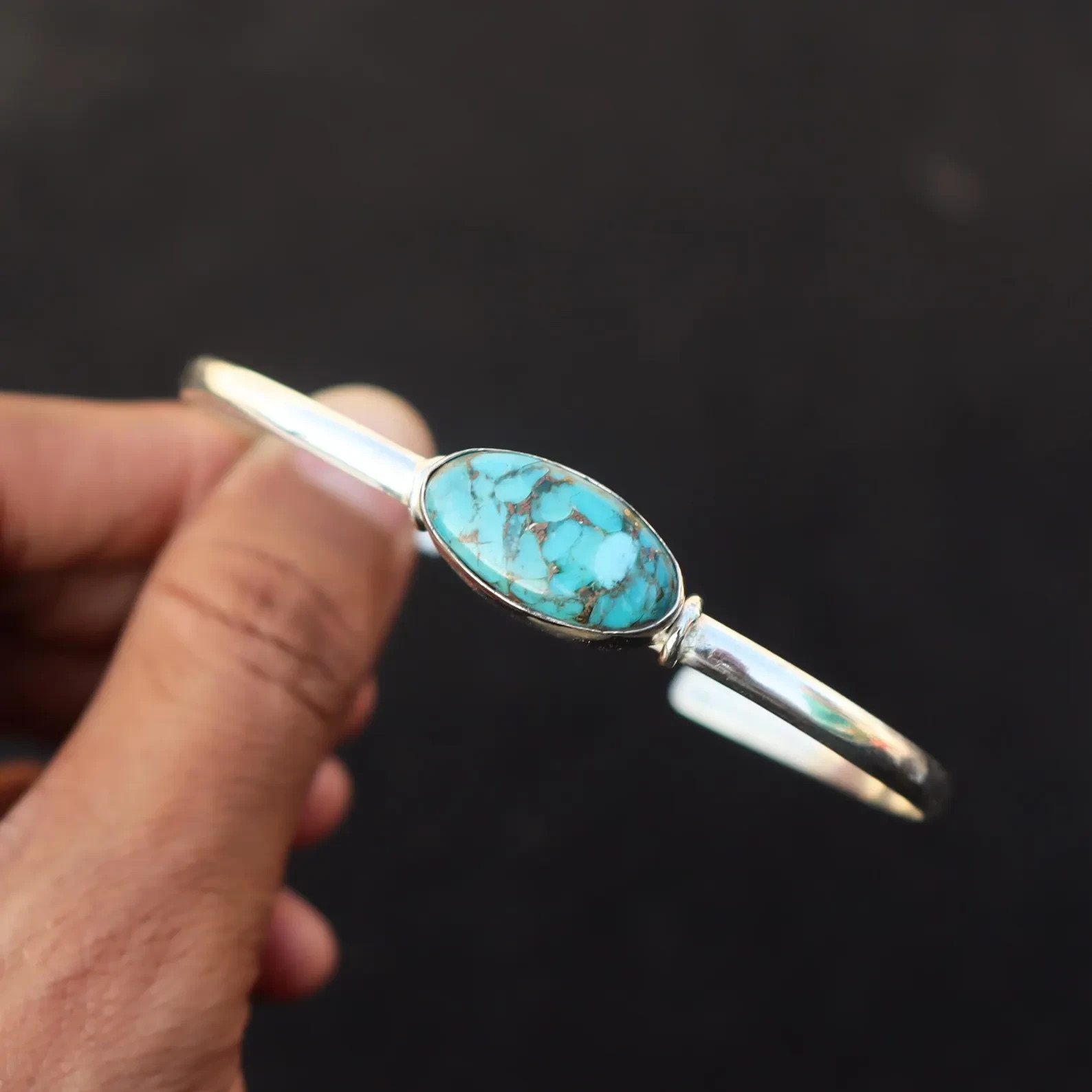Nice Copper Turquoise Gemstone 925 Sterling Silver Handmade Bracelet Cuff -51