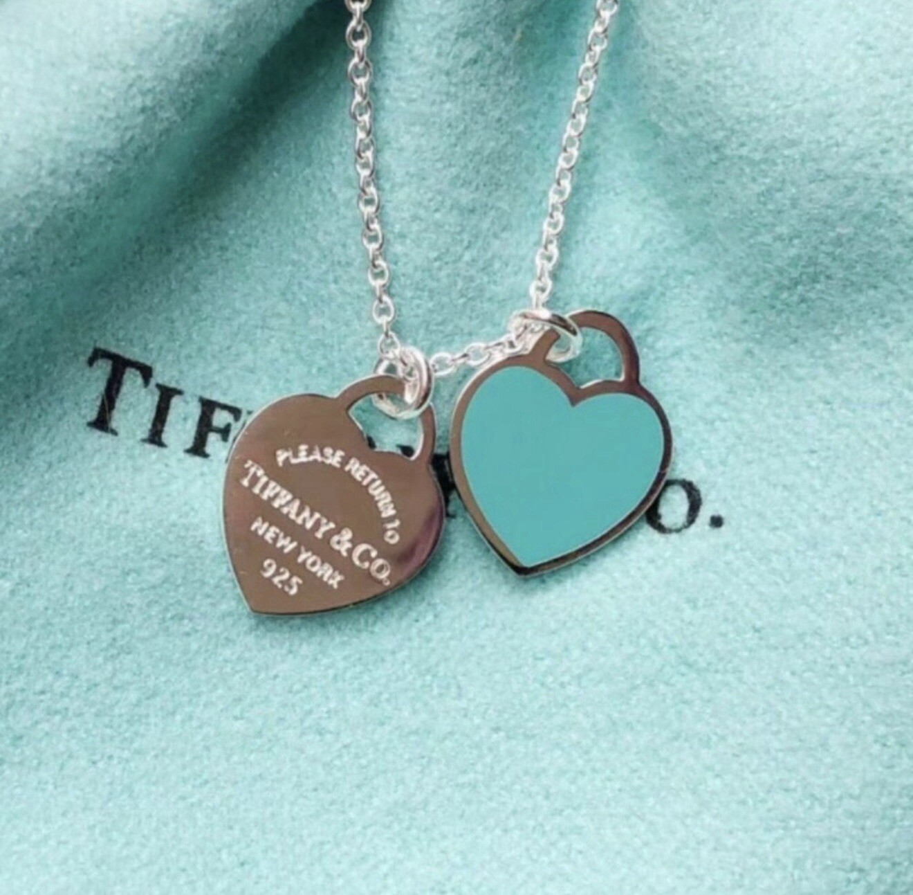 Tiffany & Co. Blue Double Mini Heart Tag Pendant Necklace ( 18” chain )