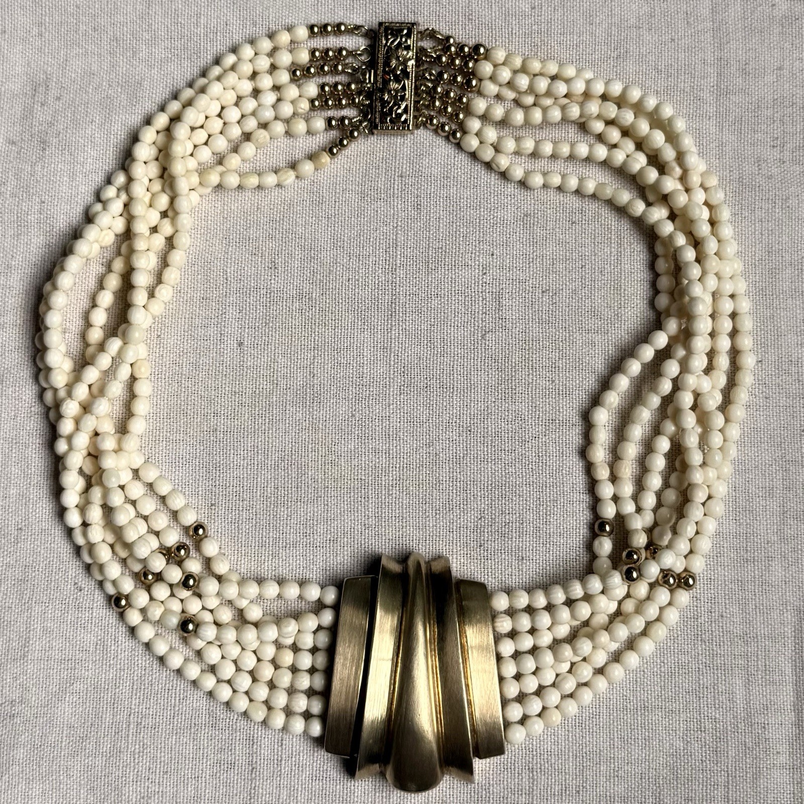 Vintage Gilt Sterling Bone Bead Multi Strand Modernist Necklace