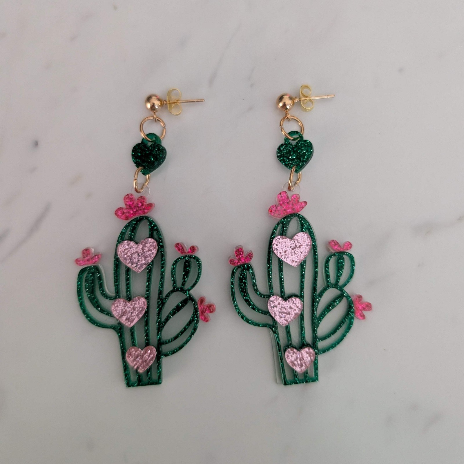 Glitter Heart Cactus Acrylic Dangle Earrings