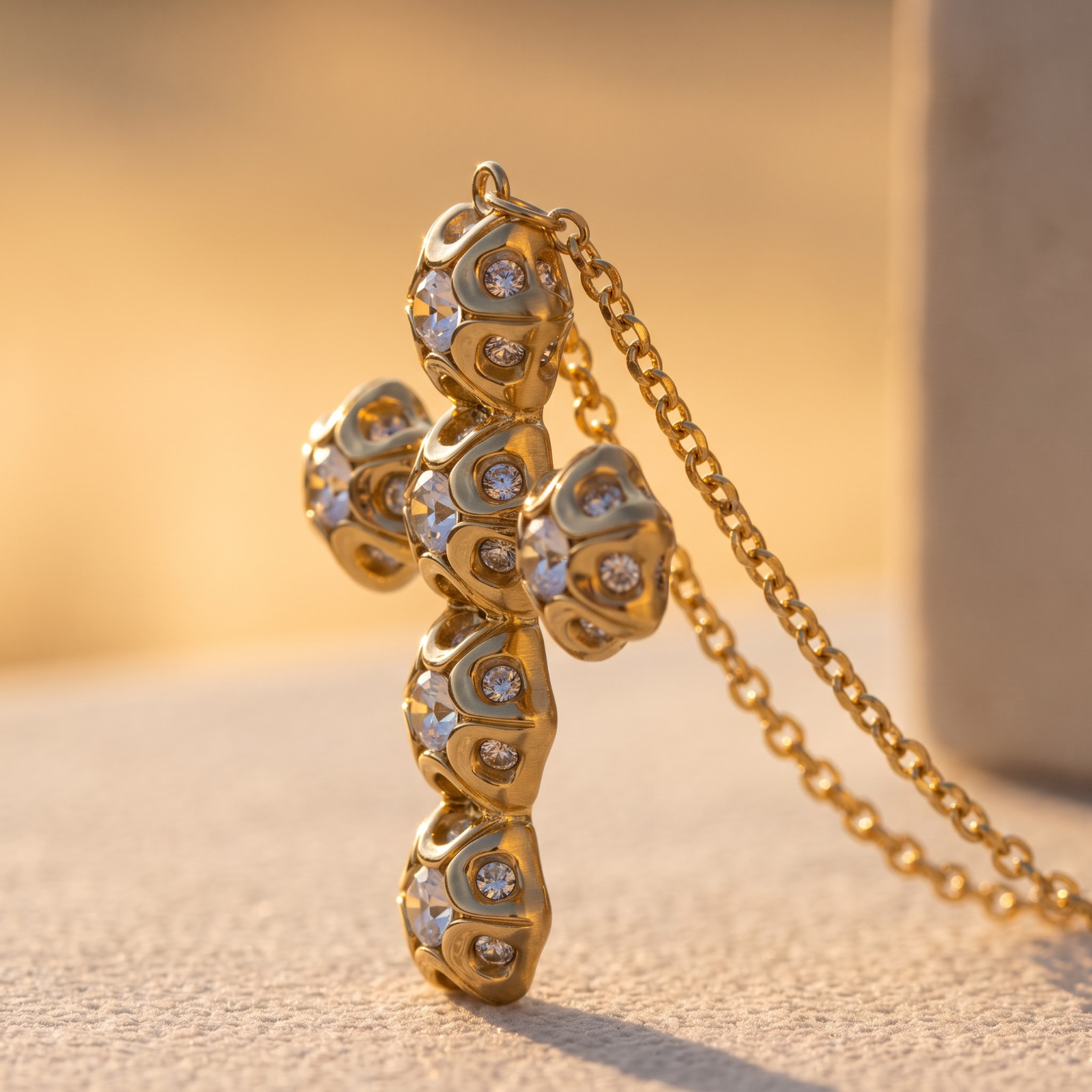 Catwalk Jon Gold Plated Rhinestone Pendant Necklace Signed 4″ Statement Cross