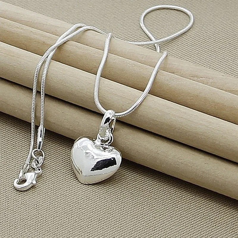 Fine 925 Sterling Silver Solid Heart Necklace 18-24 Inches Snake Chain For Women