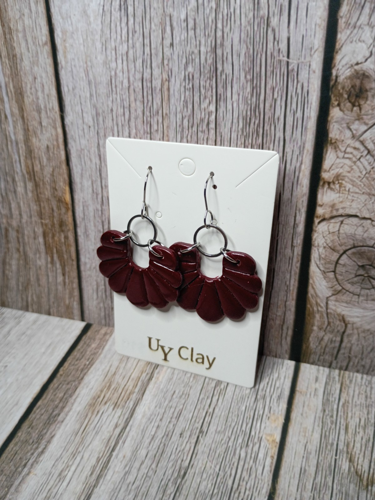 Handmade Maroon Scalloped Fan Polymer Clay Dangle Earrings – Hypo-allergenic