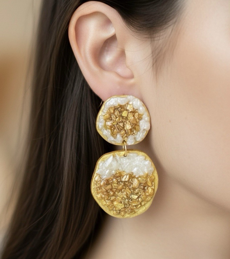 Faux Citrine Drusy Handmade Polymer Clay Dangle Earrings Stainless Steel Posts