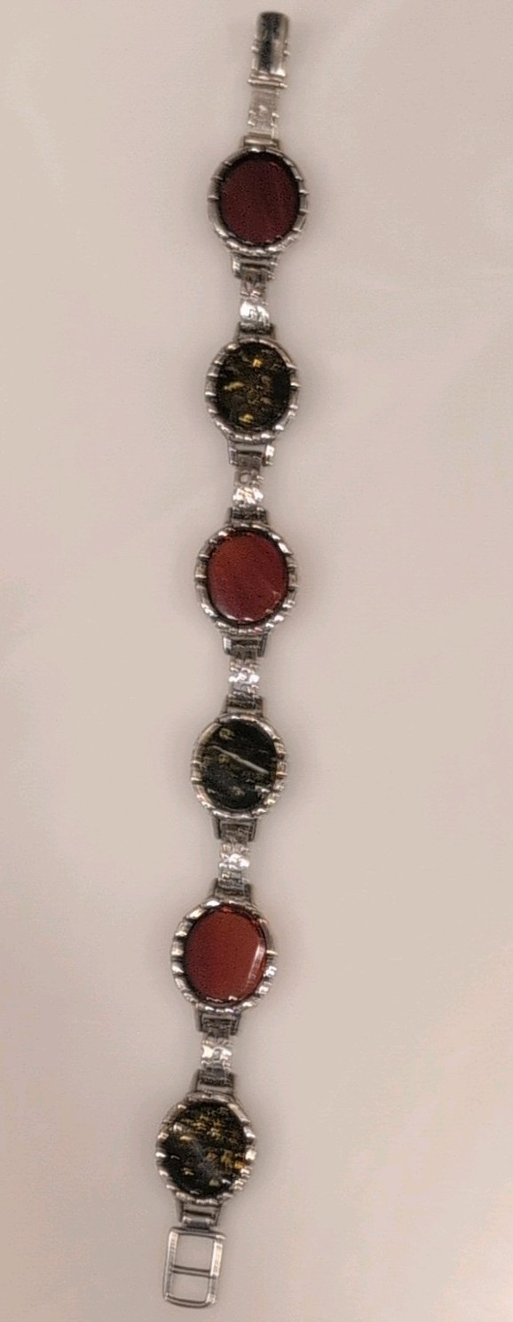 925 Sterling Silver Link Bracelet Oval Cabochon Bezel Red Stones 8 in