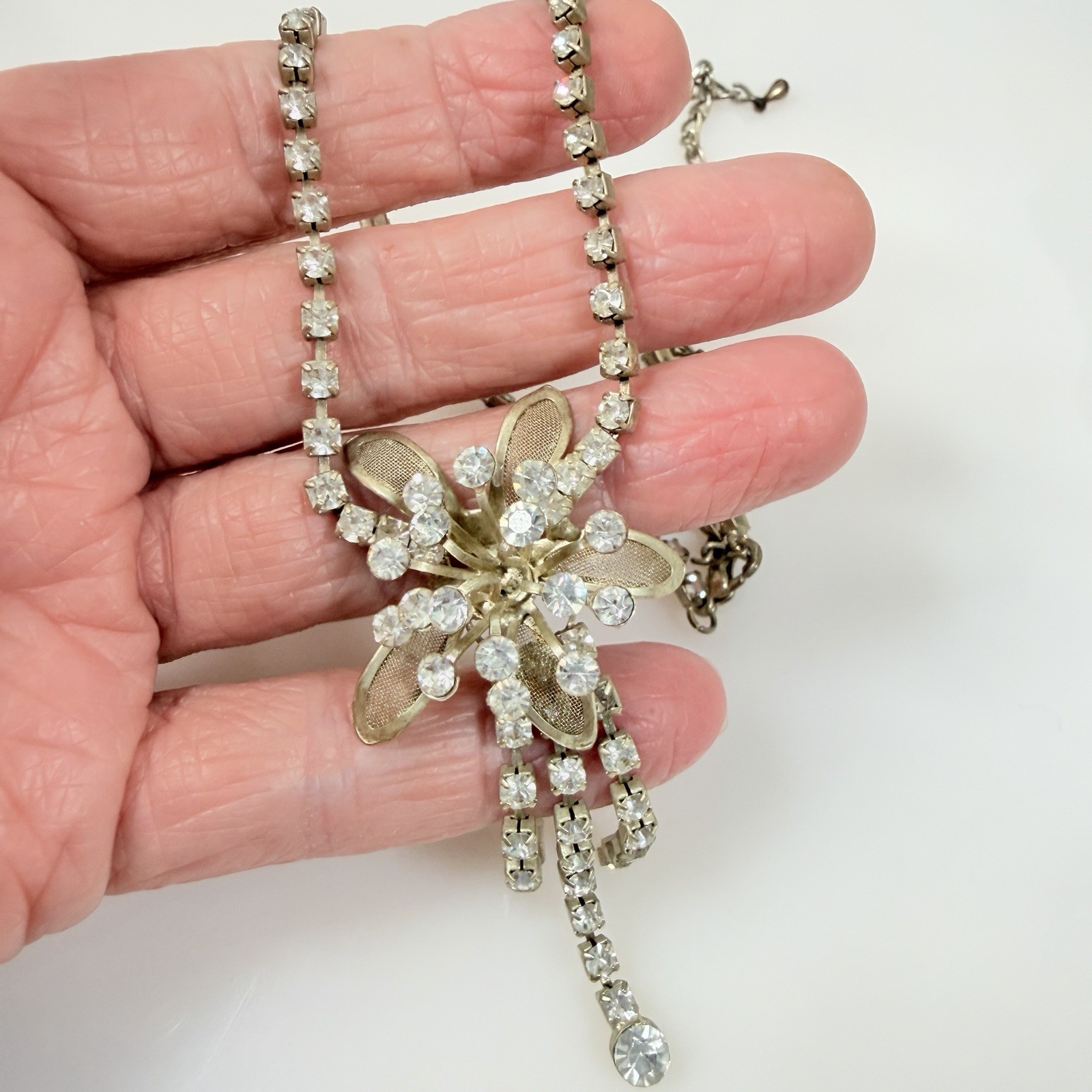 Vintage Rhinestone Necklace Choker Flower Lightweight Adjust up to 16″