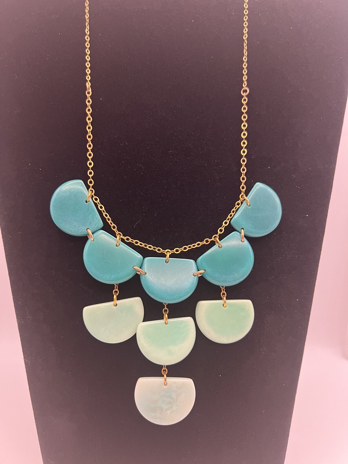 Teal Blue Green Gold Tone Dangle Necklace Fashion Jewelry Acrylic Semicircles