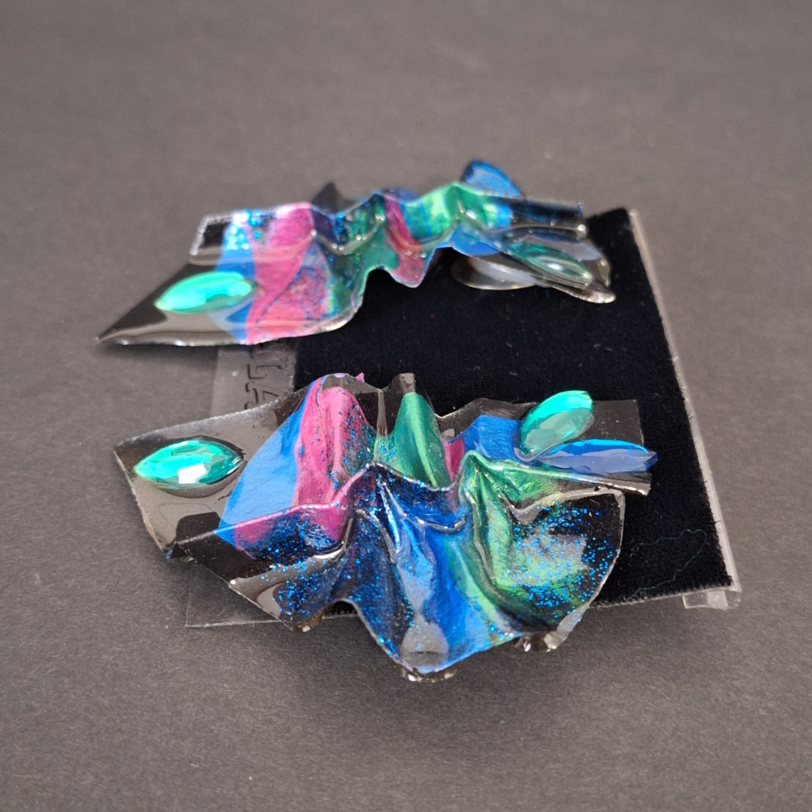 Galaxy Earrings Very Light Weight Blue Green Pink Crystals Space Statement