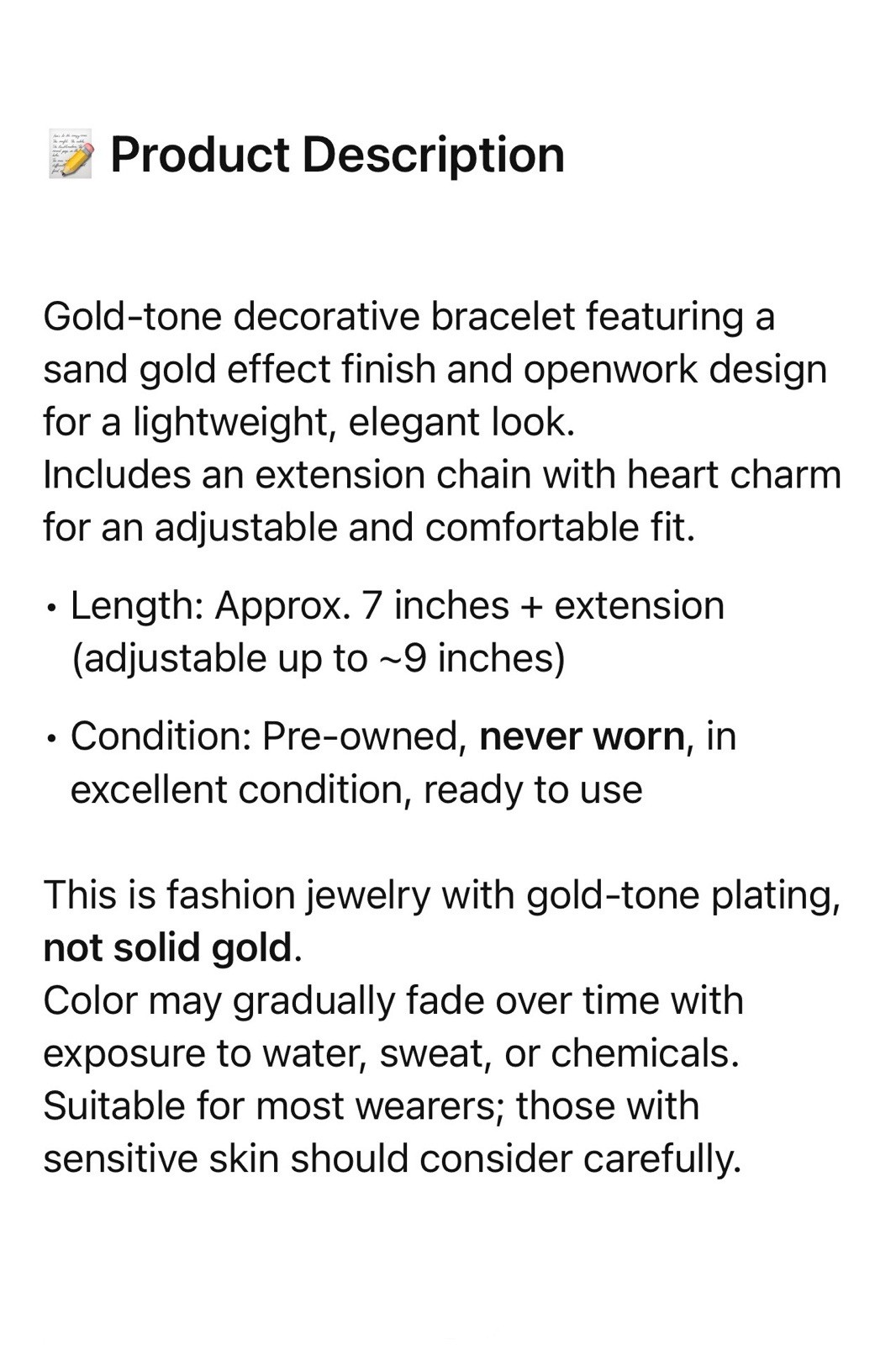 Gold Tone Openwork Sand Gold Effect Bracelet Adjustable 7-9 in Heart Charm