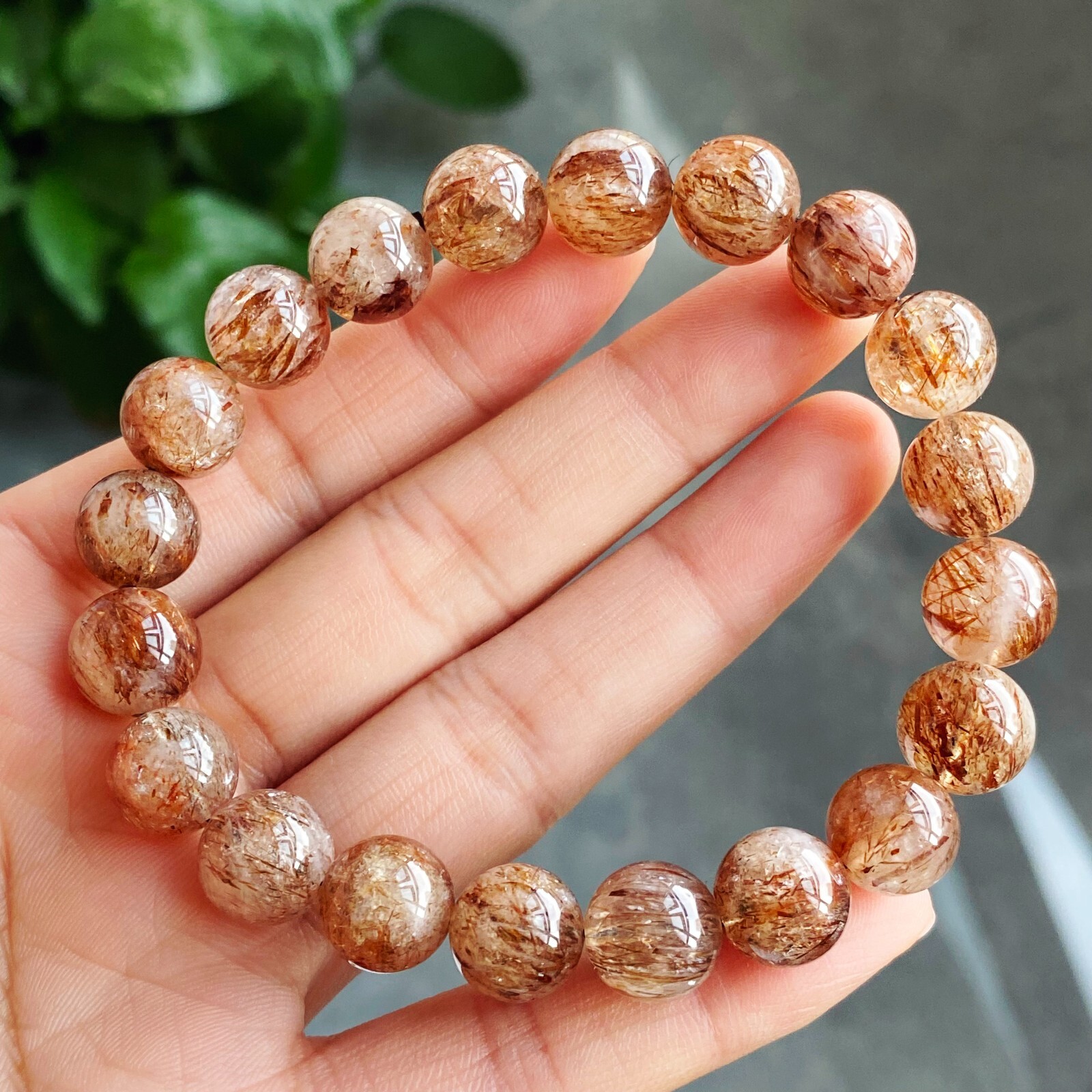 10.5mm Natural Red Copper Quartz Crystal Beads Bracelet 7.9 inch B850