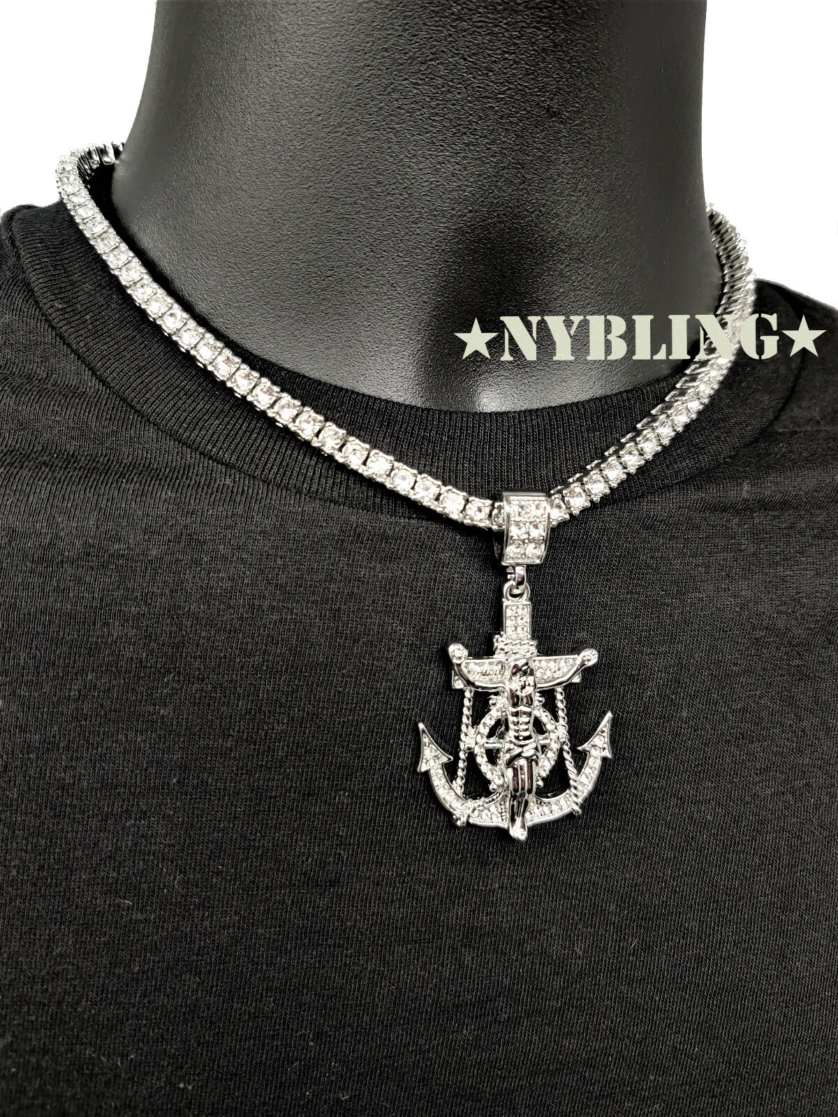 ICED Jesus Anchor Pendant w/ Rope or Tennis Chain Necklace Plated CZ Jewelry