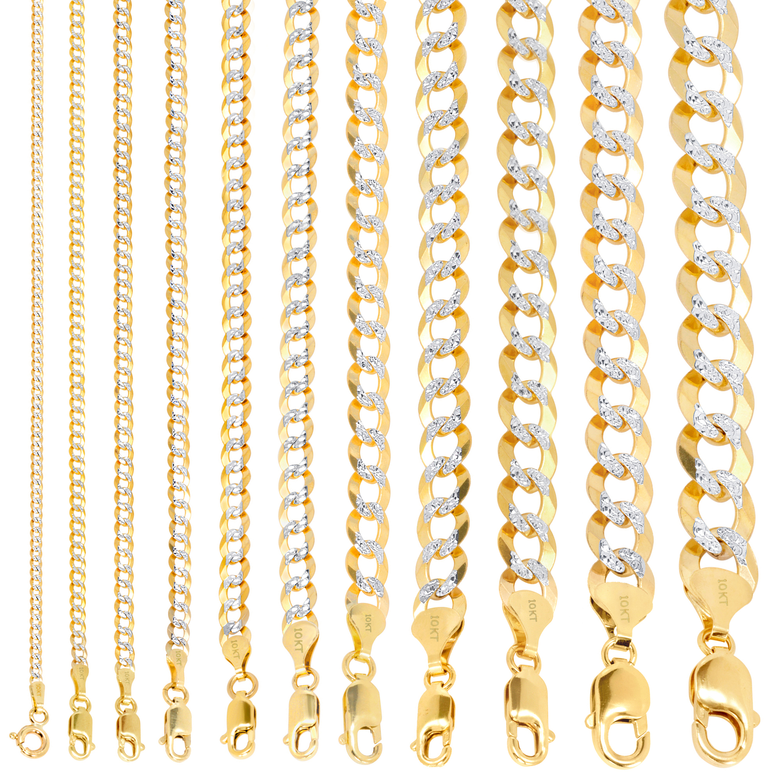 10K Solid Gold 2-12mm Diamond Cut Pave Curb Chain Cuban Necklace Bracelet 7″-30″