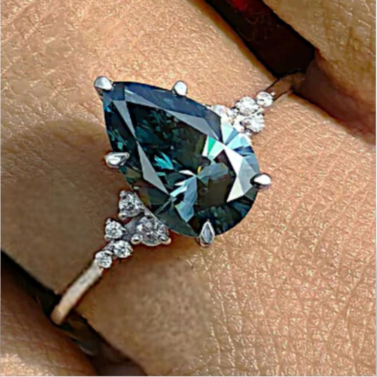 Fancy Intense Blue 2.15 CT Pear Cut Lab Grown Diamond Women Ring 14K White Gold