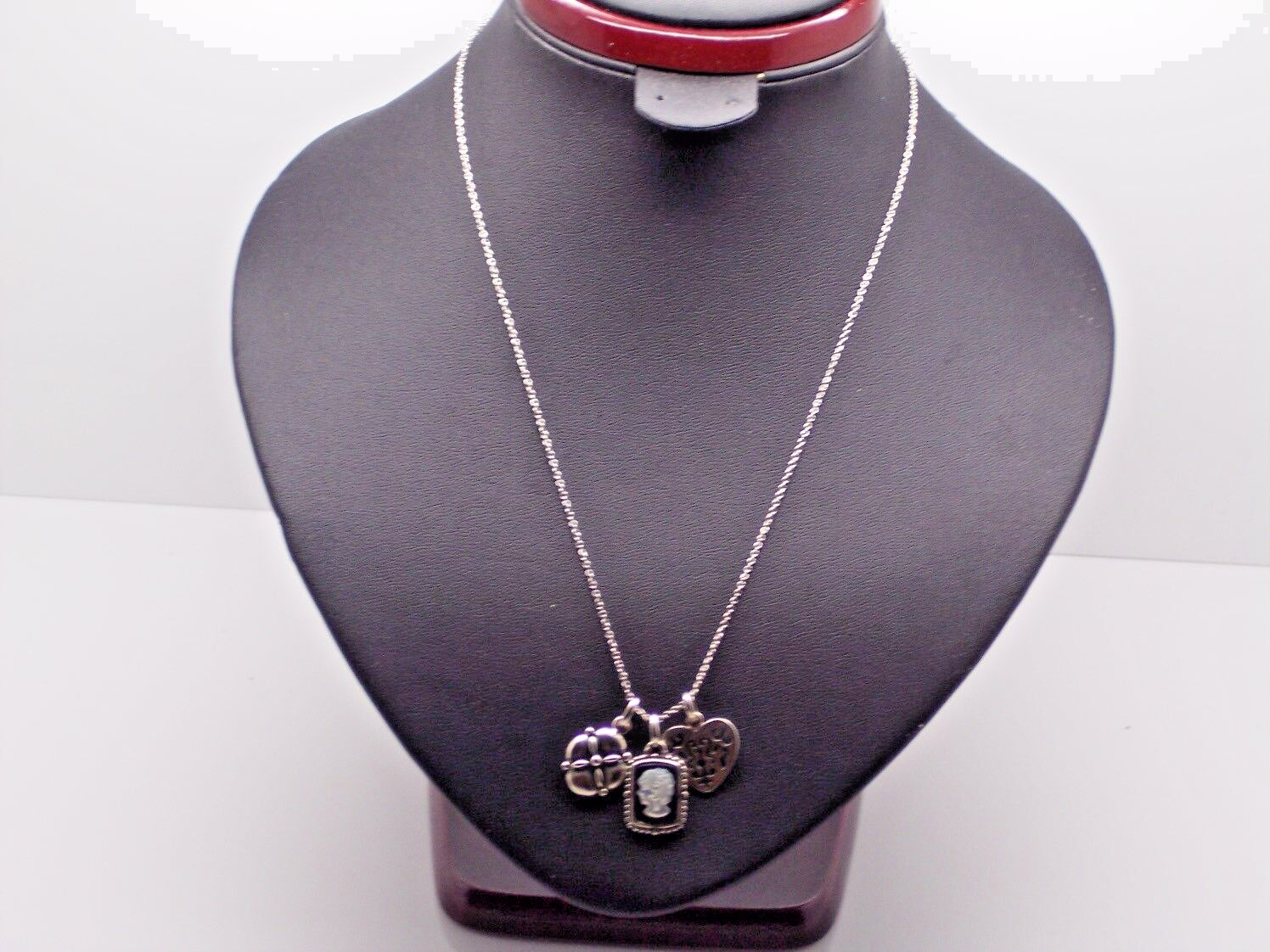 Three Charm Pendant Necklace .925 Sterling Heart Clover & Cameo