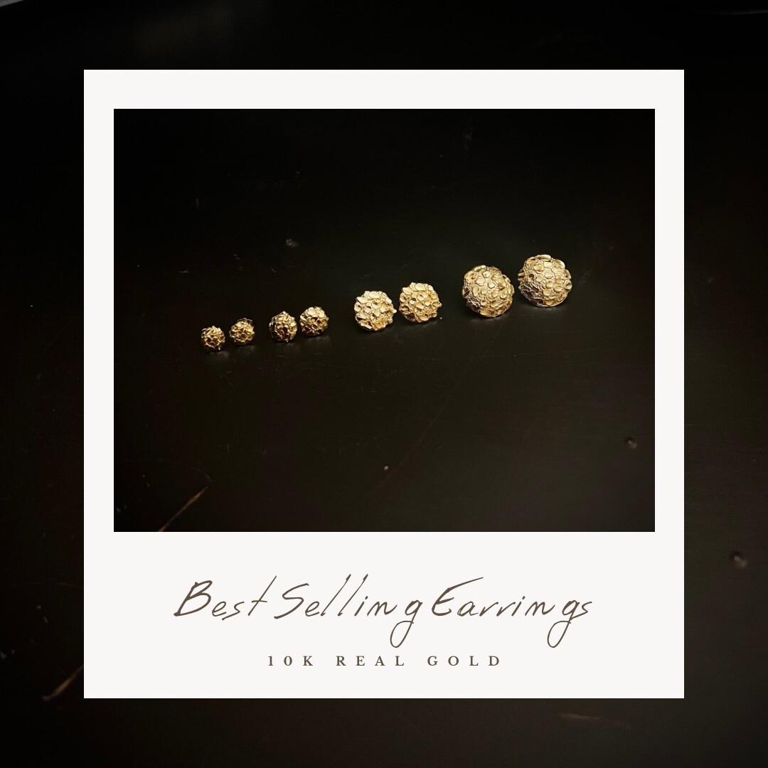10K Gold Authentic Nugget Round Diamond Cut Stud Earrings for Men Women 4 Sizes