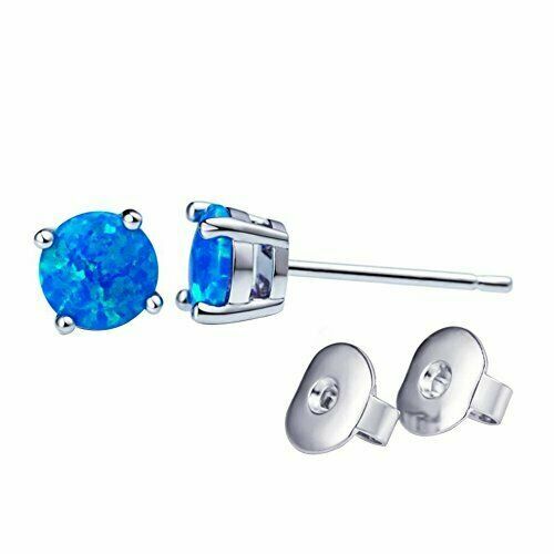 925 Sterling Silver 6mm Round Blue Fire Opal Stud Earrings For Women