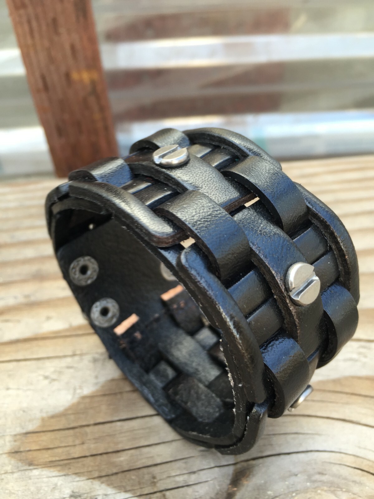 Rock Punk Mens Braided Studded Black Leather Wide Cuff Bracelet Wristband Bangle