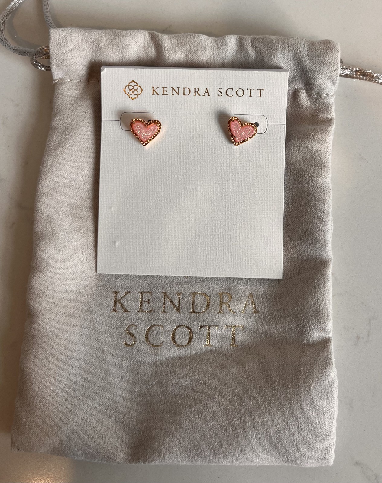 Kendra Scott Ari Light Pink Drusy Heart Stud Earrings in Rose Gold NWT