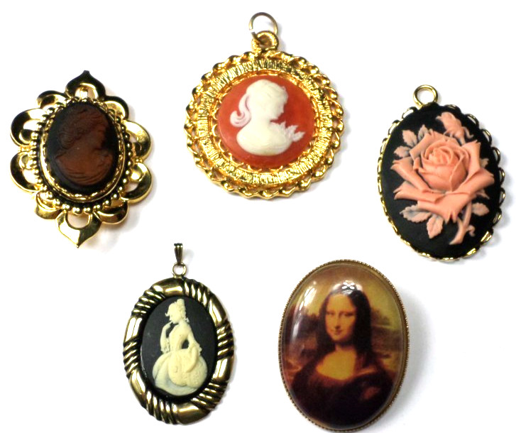 5 Different Colorful Glass, Acrylic &Resin Women Roses Cameos Large Pendants