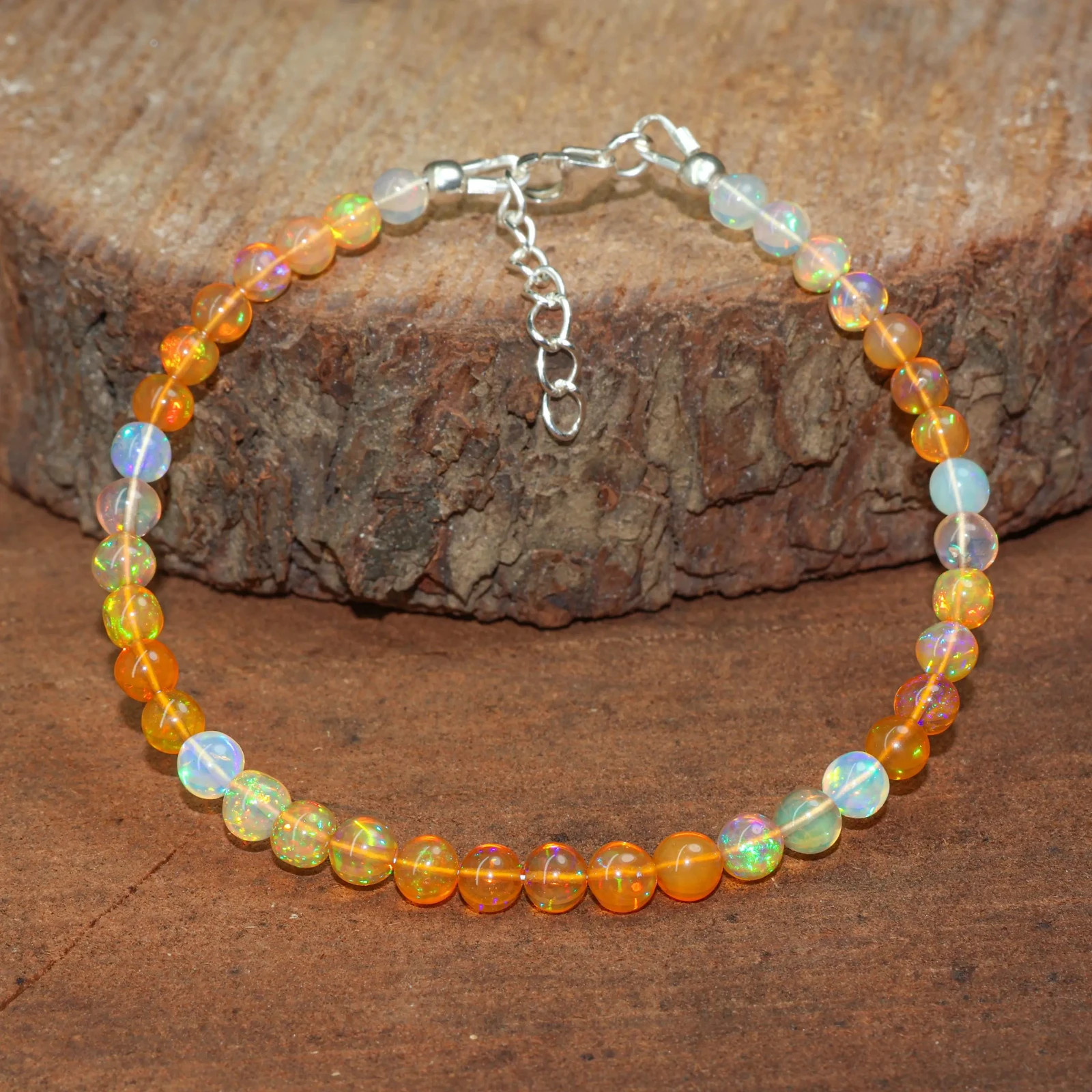 Orange Opal Gemstone Round Beads Bracelet, Genuine Fire Opal Beaded Bracelet