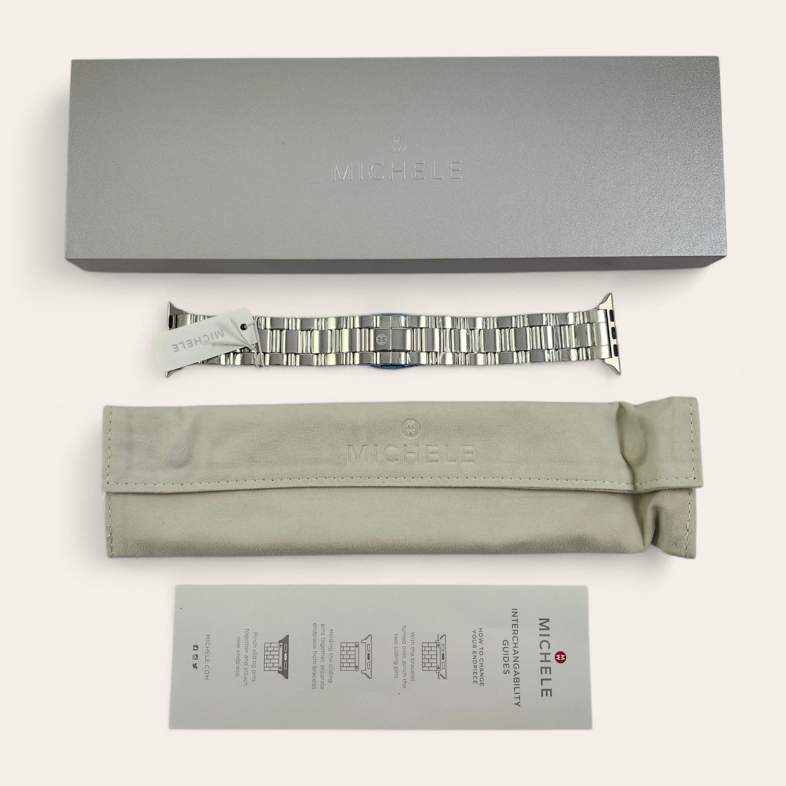 NEW Michele Apple Silver Stainless Steel Watch Band MS20GS235009 38-49mm NWT