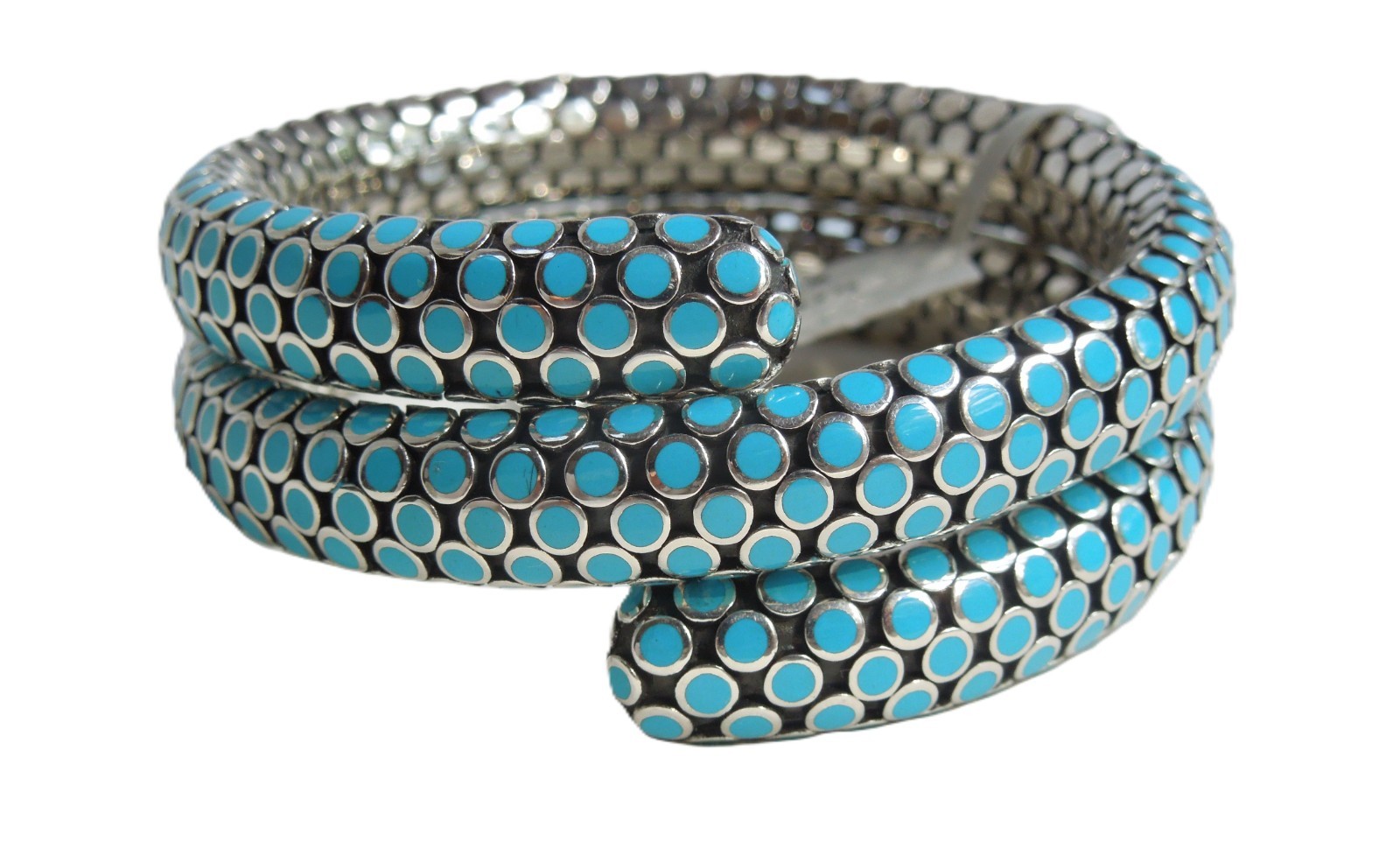 John Hardy Dot Turquoise Enamel Silver 28.5mm Coil Bracelet 99 grams $1,795 NWT