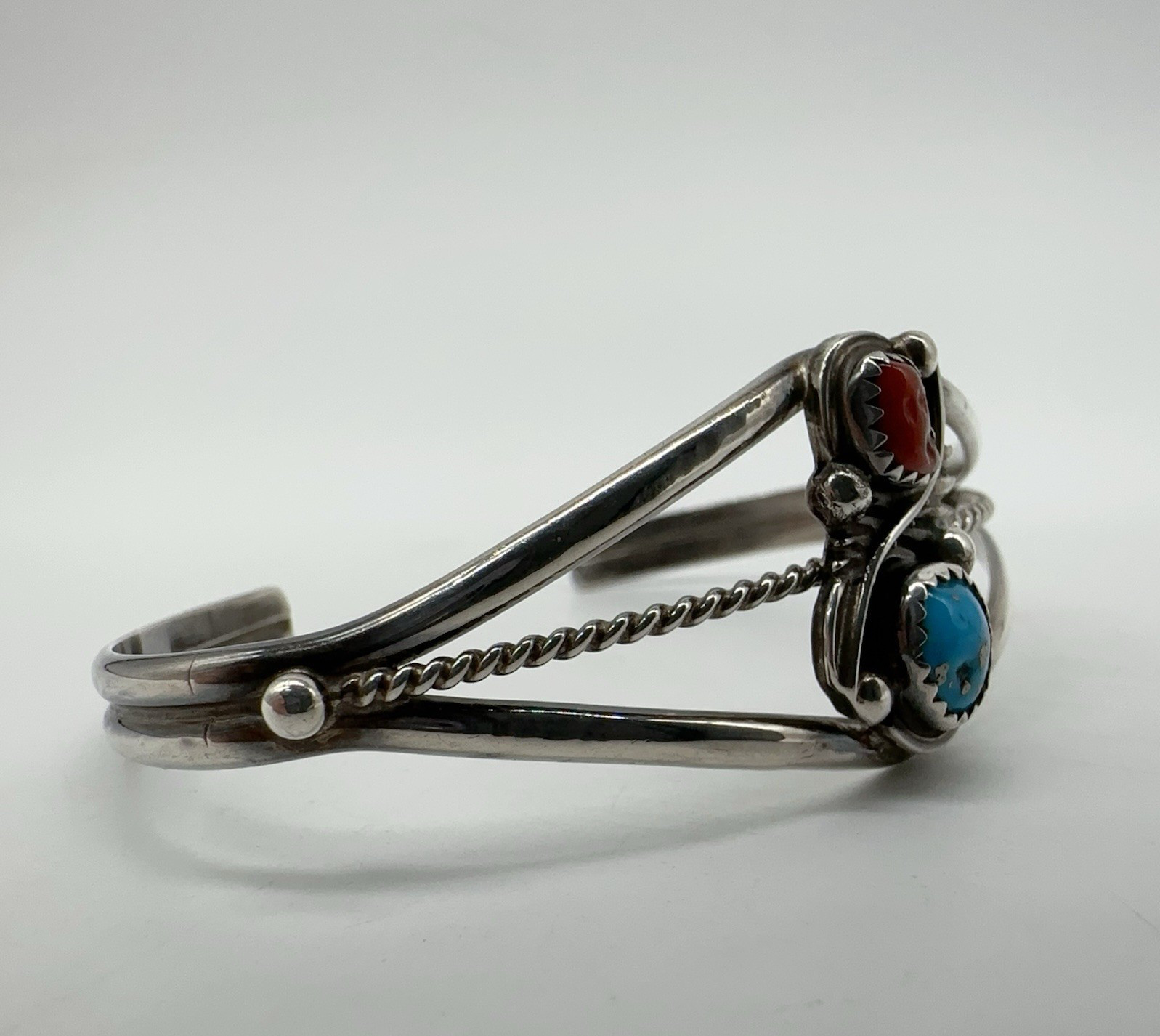 VTG Signed Native American Sterling Silver Turquoise Coral Cuff Bracelet 13g #bf