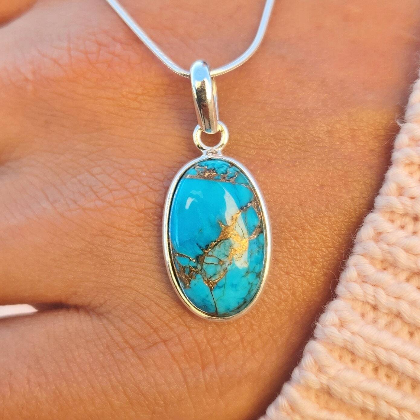 Genuine Turquoise Pendant, Sterling Silver Copper Turquoise Pendant, USA Seller