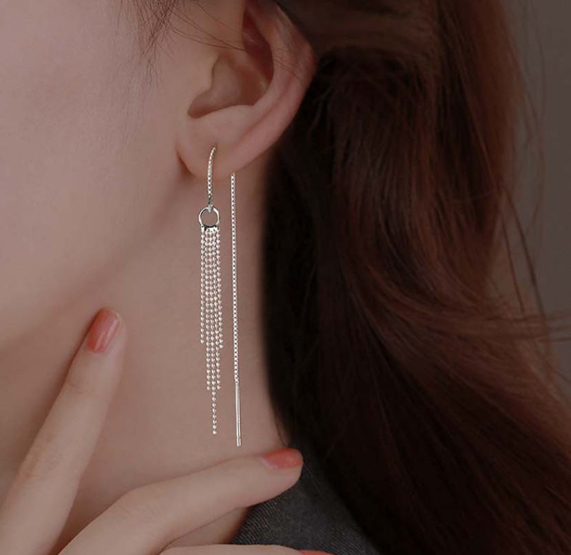 925 Silver Plated Threader Earrings Dainty Chain Tassel Drop Pull Earrings S6