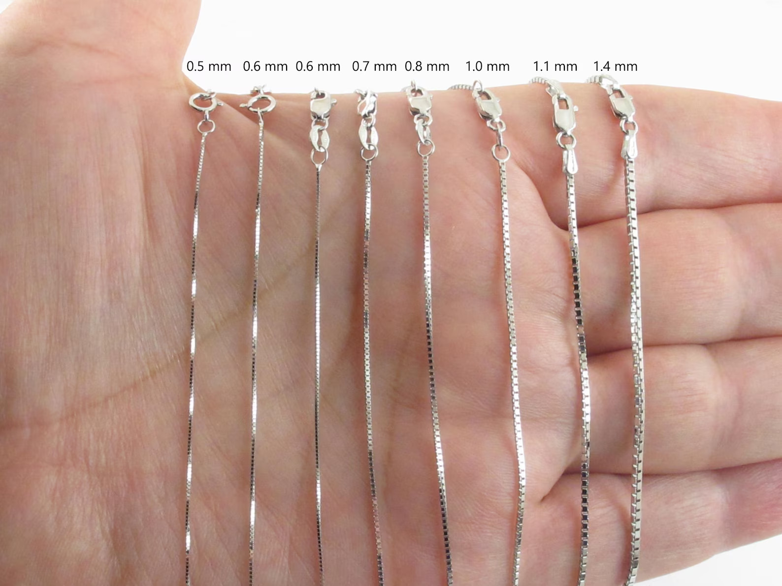 14k Solid White Gold Box Chain: ( 16″- 30″ ) (0.5 – 1.4 MM ) – Not Hollow